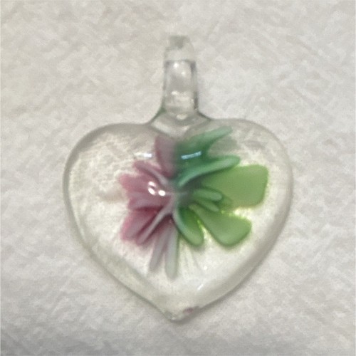 Clear Glass Heart Charm Pendant Love Theme, Green & Pink Flower Design