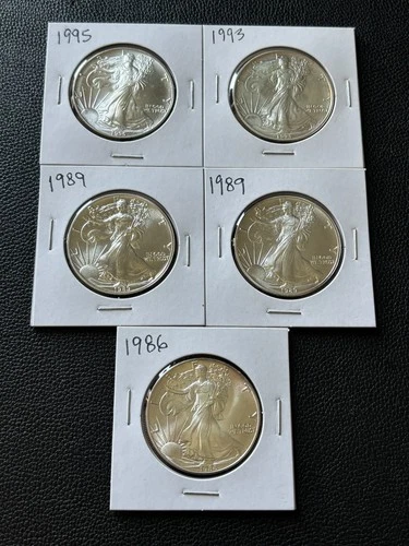 American $1 Silver Eagles BU Lot of (5) coins with 1986, 1989 (X2) 1993, 1995