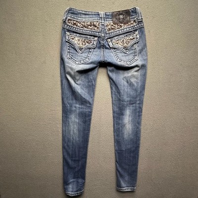 Miss Me Women Skinny Jeans Sequined Y2K McBling Whiskered Faded Size 25 JP5619S