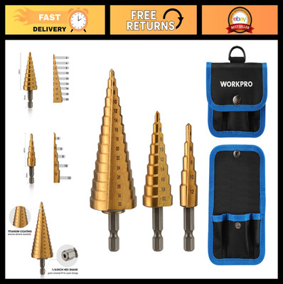 3-Piece Step Drill Bit Set - High Speed Steel, Titanium Coated, Hex Shank, for P