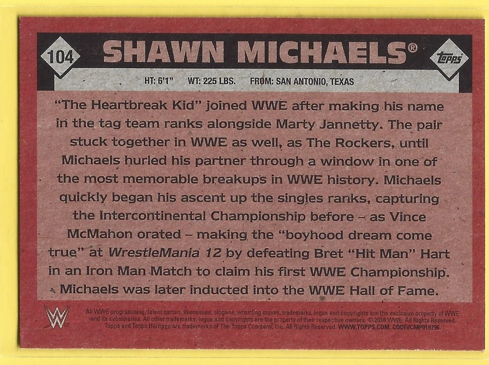 2016 Topps WWE Heritage #104 Shawn Michaels Free Shipping - Image 2 of 2