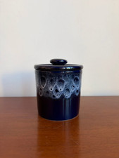 Vintage Ceramic Salt Sugar Pot Jar Urn Lid Sandstone Blue White Reactive Glaze