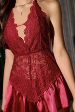 NEW XL Wine Red Florl Sheer Lace Glossy Satin Backles Halter Tie Romper Teddy