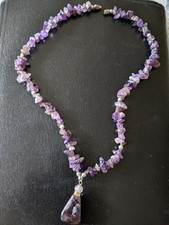 Amethyst Pendant Necklace Purple Quarts Gemstone w/ Sterling Silver accents 17