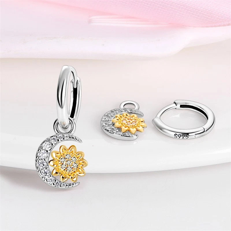 Brincos femininos PANDACH 925 de prata esterlina minúsculos de girassol e gota de lua - Imagem 2 de 4