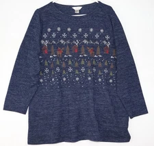 CJ Banks Sweater Womens 2X Blue Holiday Moose Snowflake Cross stitch Granny Core