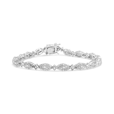 .925 Sterling Silver Diamond Alternating Marquise Starburst Shaped Link Bracelet