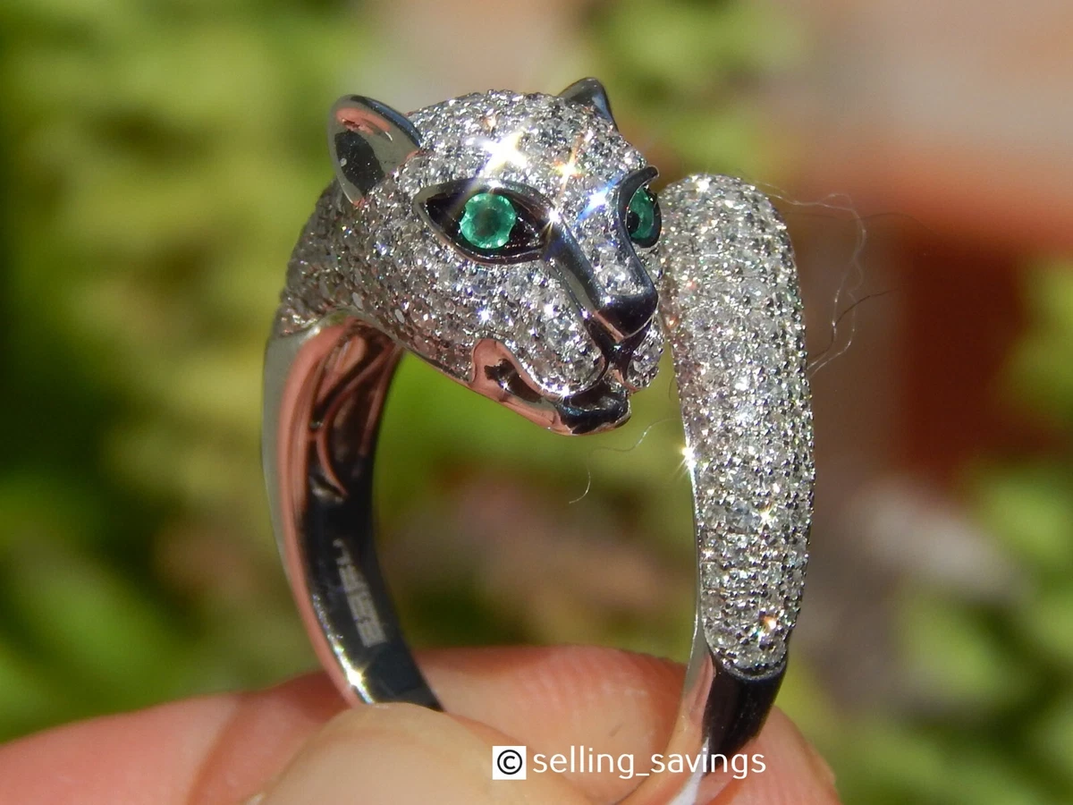 14K WHITE GOLD EFFY DIAMOND BODY EYE CAT PANTHER BYPASS RING SUPER SPARKLE