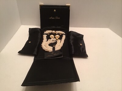 Andre Piasso Rice Pearl Choker, Bracelet Clip Earrings Set W/Case NEW! 