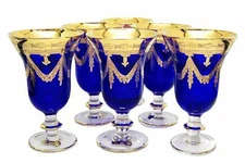 Interglass Italy Set of 6 Glasses Royal Blue Crystal Wine Goblets, 24K Gold