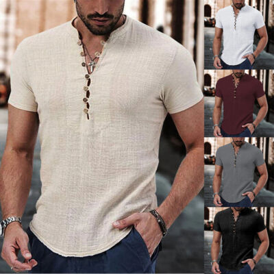 Herren-Sommer-Baumwoll-Leinen-Hemd Lässiges Basic-Kurzarm-T-Shirt Boho