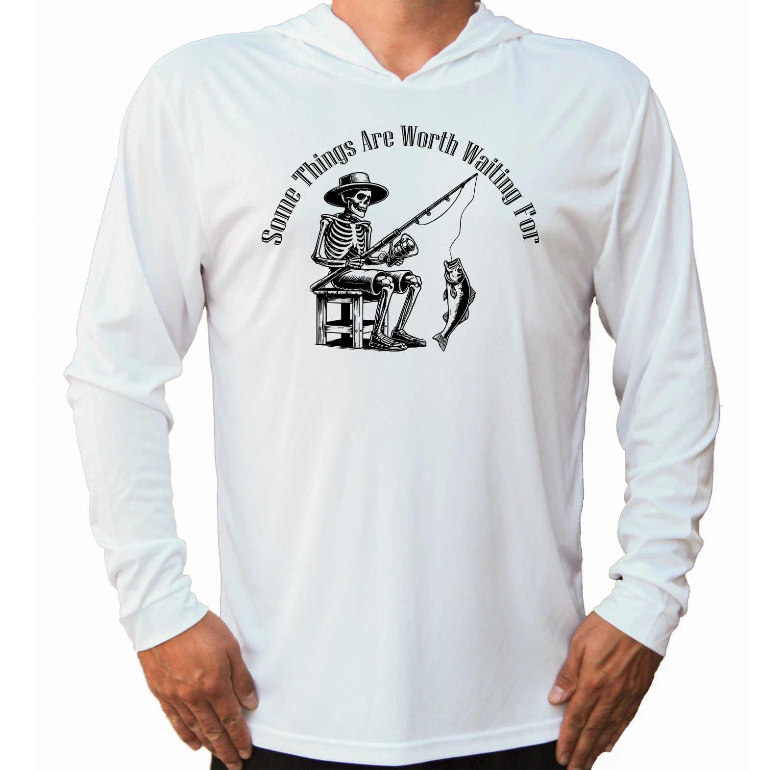 Fishing Skeleton Fish Fisherman Fun UV Protected UPF 50 Long Sleeve T-Shirt Hood