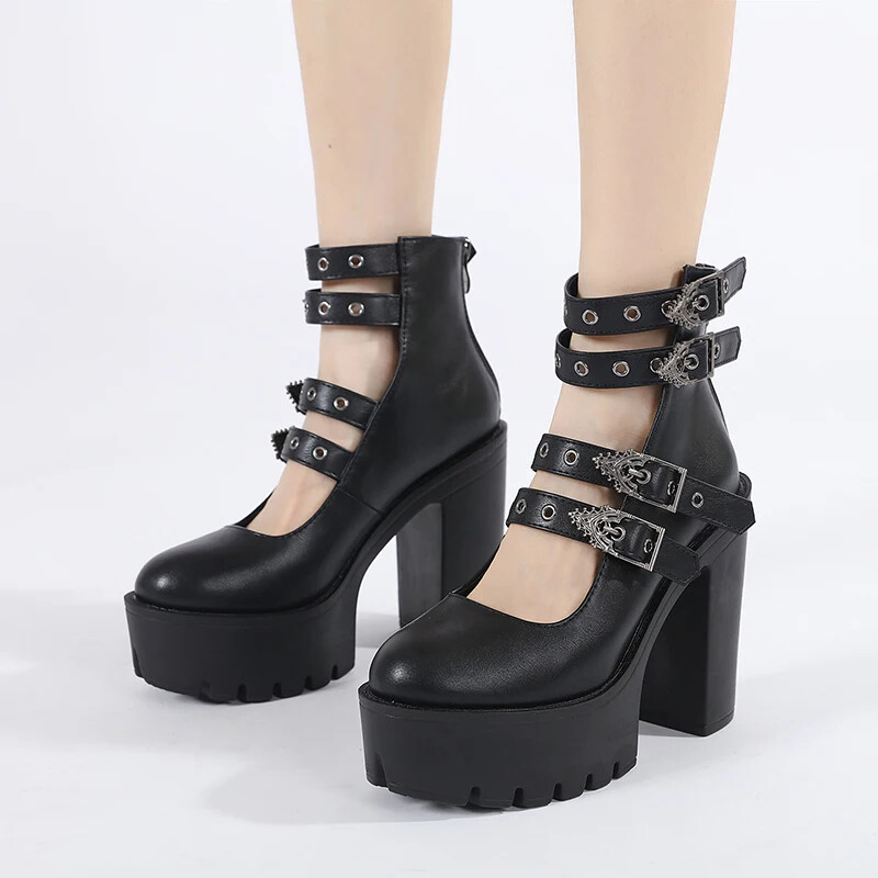 Stylish Women Block Heel Mary Jane Pumps with Buckle Strap and Back Zipper