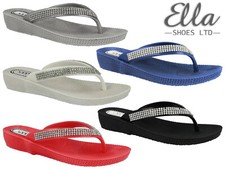 Ladies Ella Diamante Flip Flops Sandals Comfort Toe Post Summer Beach Low Wedge