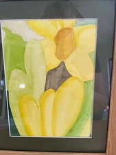 Daffodil Mid- Mod Table Wall 11x9” Wood Frame Glass Deep Green Mat Abstract