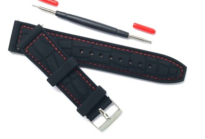 22mm Black Rubber Leather Red Stitching Watch Band With Spring Bar Remover Tool