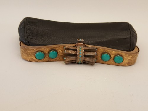 Vintage 50s Milch purse handbag black leather turquoise stones brass - Picture 2 of 19