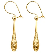 Ioka - 14K Gold Diamond Cut Hollow Teardrop Hanging Shepherds Hook Earrings