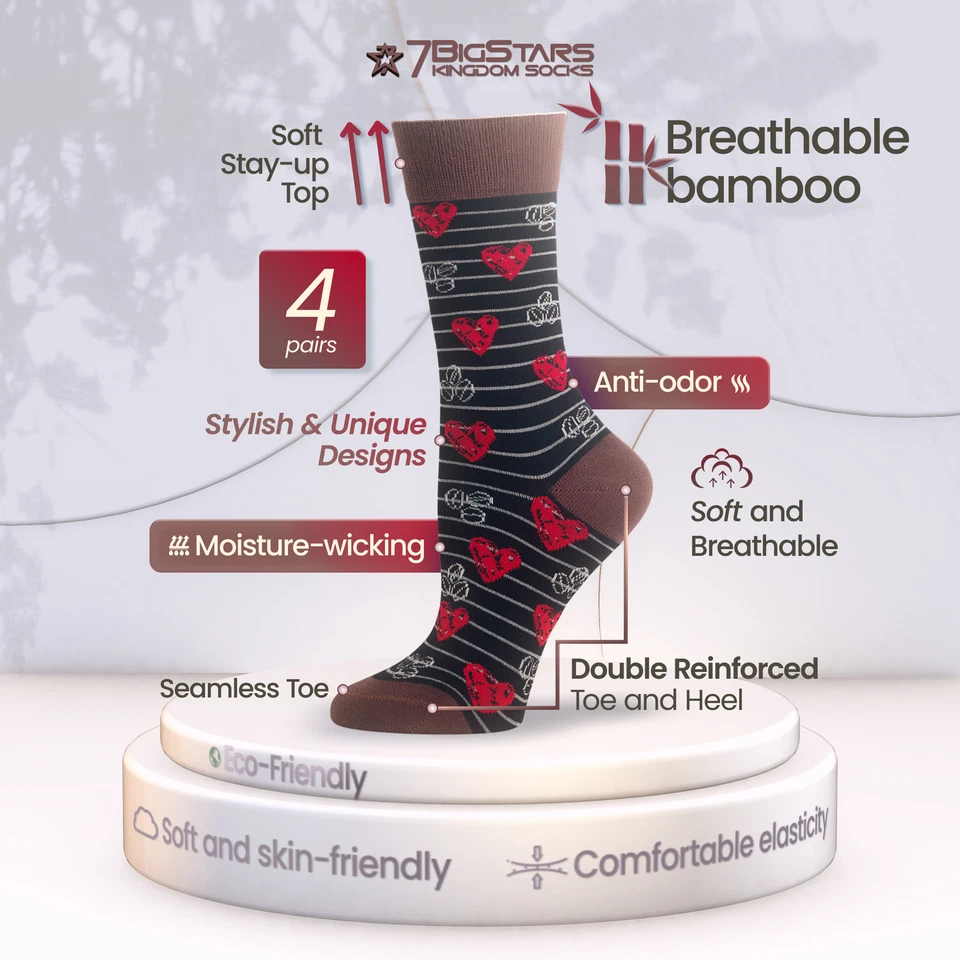 Mujeres Bambú Estampado Vestido Calcetines Redondos L Paquete de 4 Granos de Café Corazón Negro Marrón Foto 2 de 4