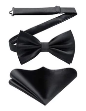 Bow Ties for Men Black Solid Color Pre Tied Bow Tie and Pocket Square Classic...