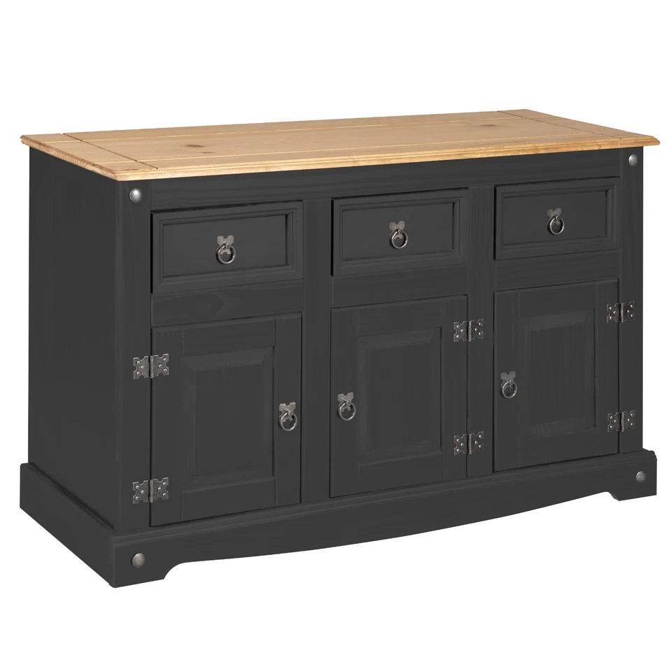 Corona Sideboard Charcoal Black 3 Door 3 Drawer Solid Pine Wood - Image 4 of 4