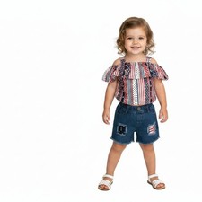 Toddler Patriotic Outfit, 4th of July Ruffle Top and Denim Shorts Set, Red White