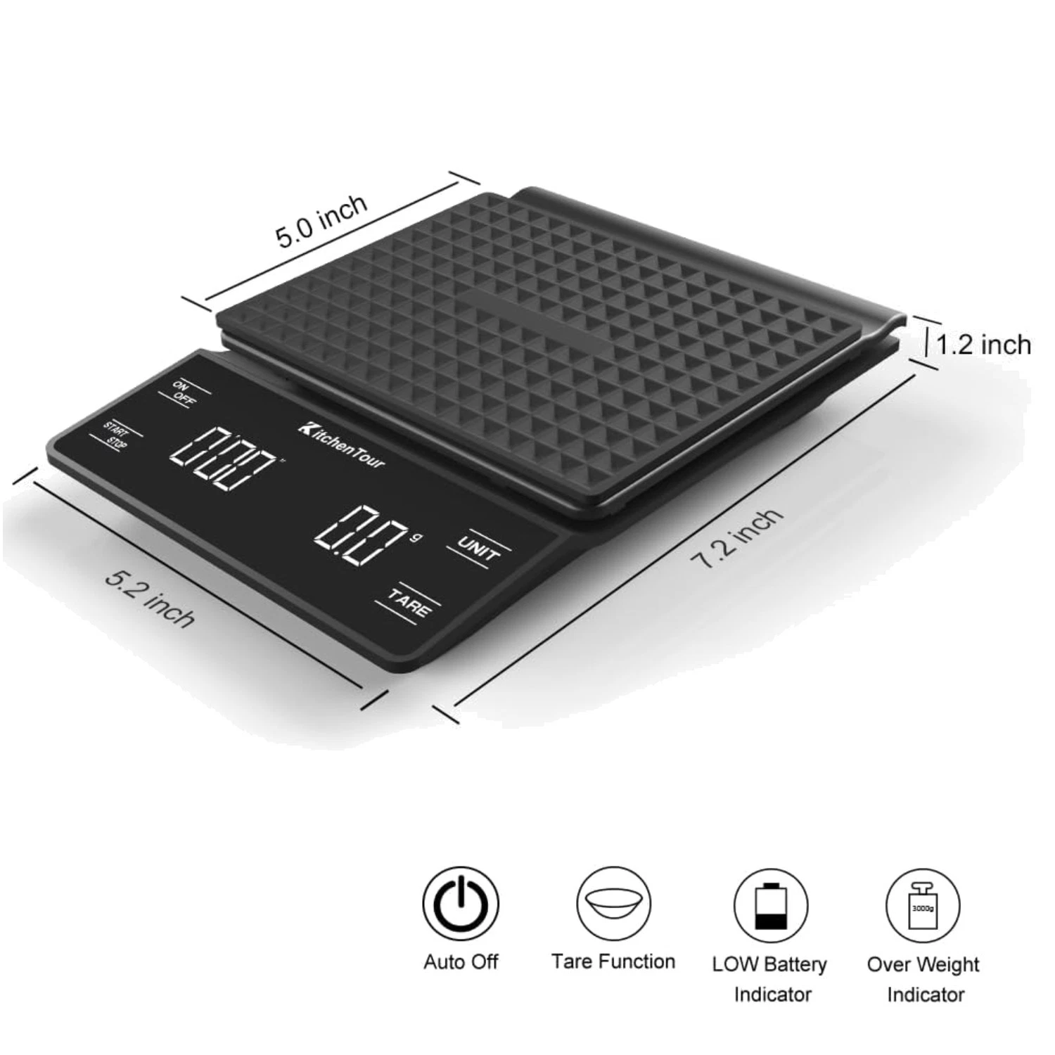 KitchenTour Coffee Scale - 3kg/0.1g High Precision Pour Over