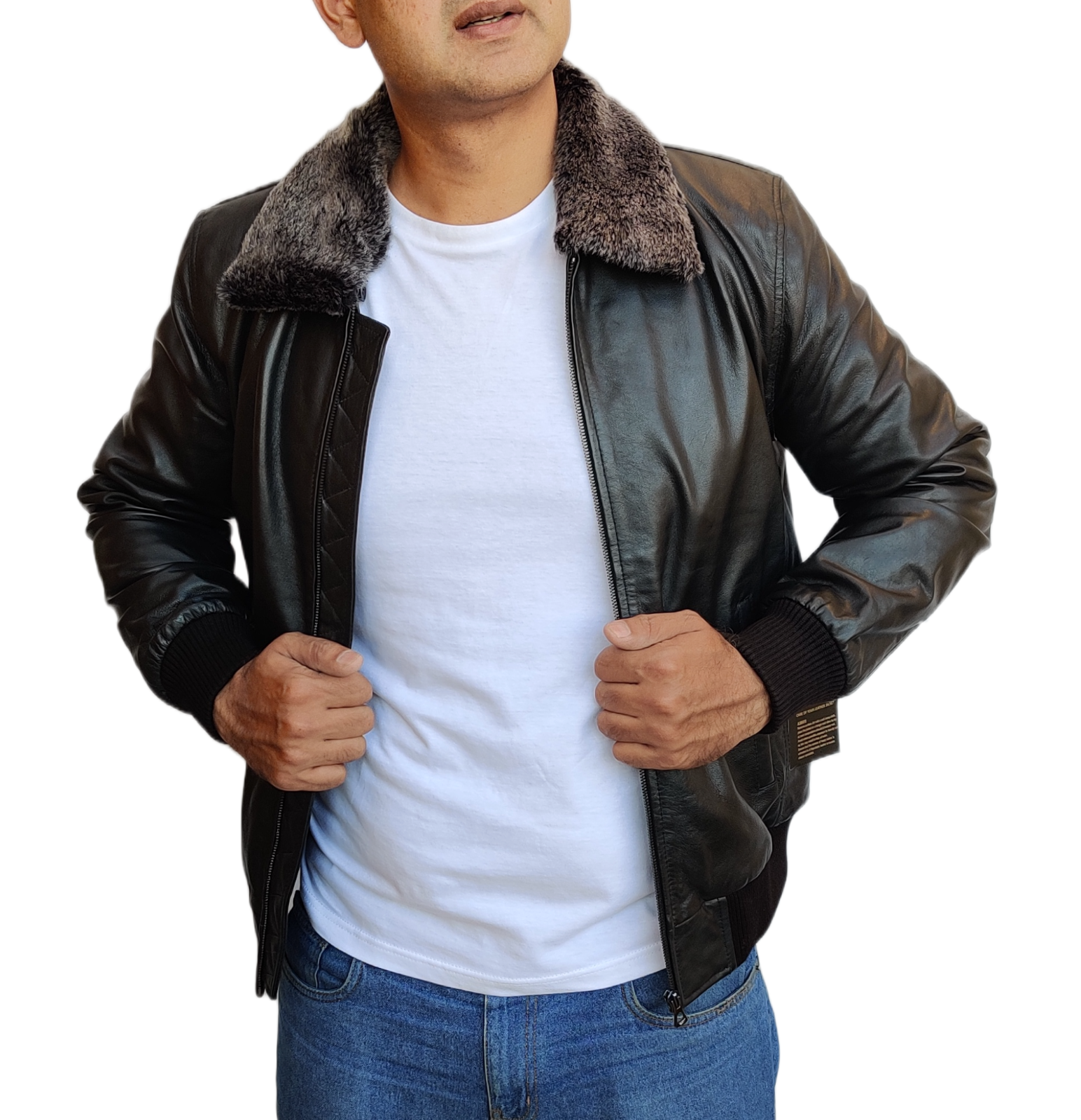 Men's Bomber Leather Jacket with Detachable Fur Collar Elastic Cuffs Waistband