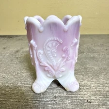 VINTAGE JOE ST CLAIR PINK SLAG GLASS FAN AND FEATHER TOOTPICK HOLDER