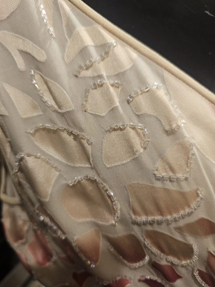 Винтажный Kay Unger Нью-Йорк шелк цветочный крем бисером длинное платье без рукавов 12 - Изображение 4 из 4