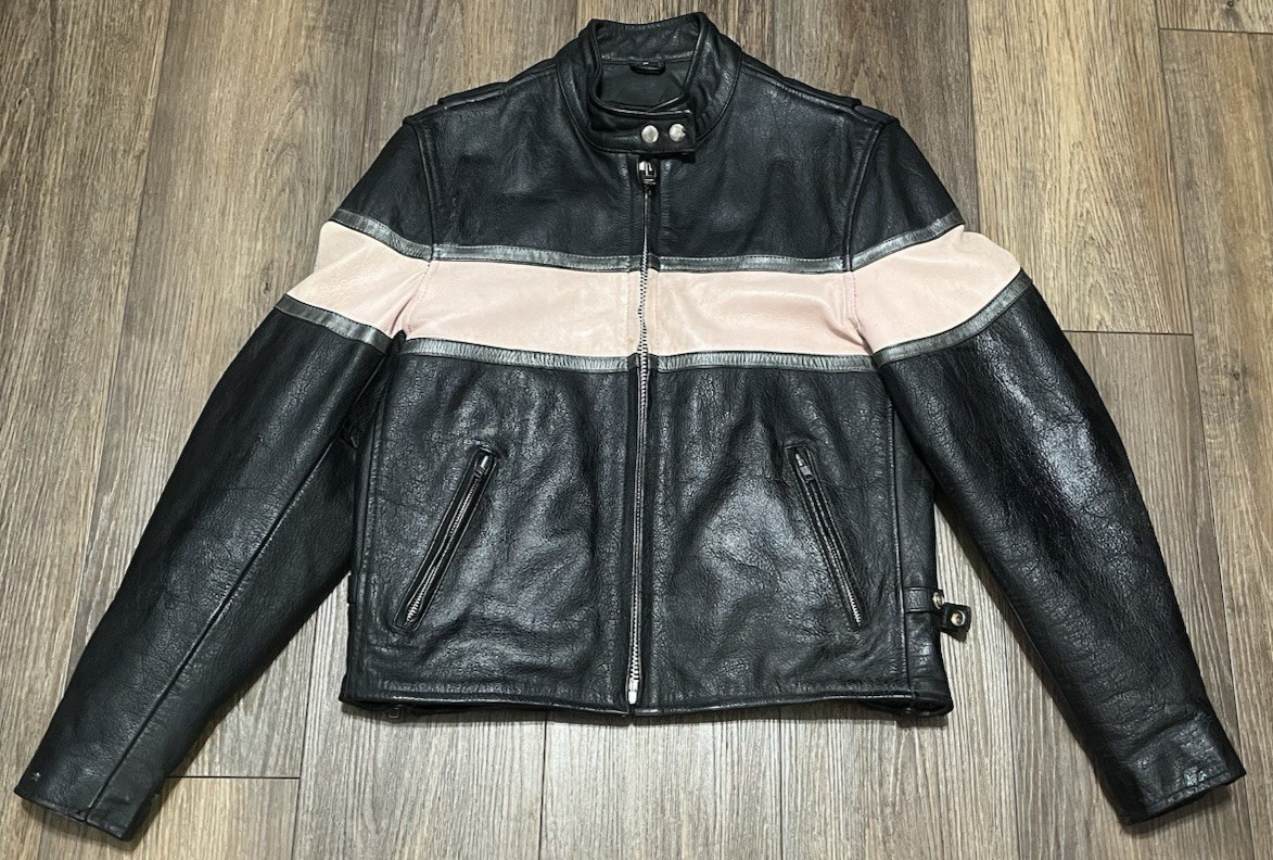 VTG Leather Motorcycle Jacket Women's M Biker Y2K Black Pink Striped READ