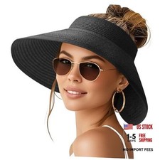 NPQQUAN Sun Visor Hats for Women Wide Brim Ponytail Straw Beach Black Classic