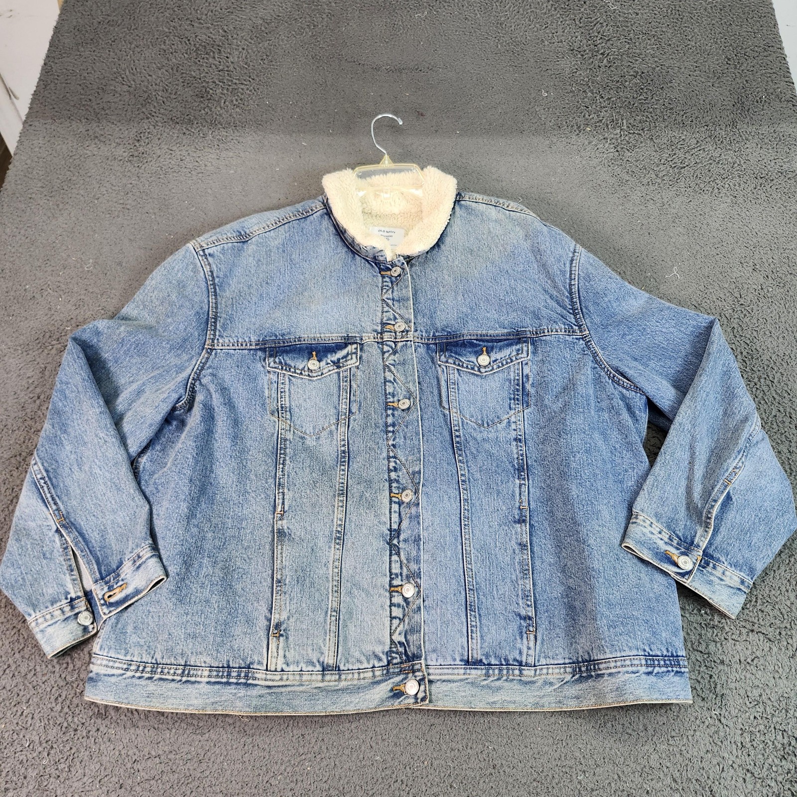 Old Navy Denim Jacket Womens XXL Blue Boyfriend Sherpa Lined Trucker Jean Coat