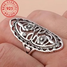 Sterling Silver Handmade Long Floral Designed Ring 925 Sz: 7. 8 Or 9