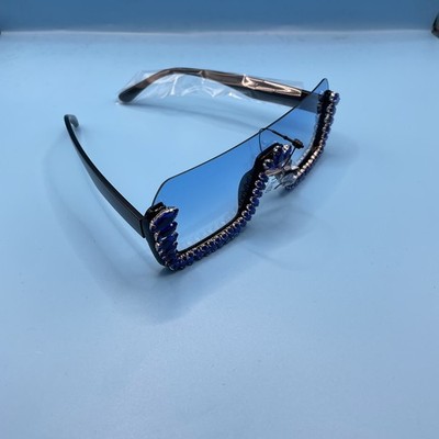 Black Rimless Sunglasses Blue Crystal Bling Retro  Futuristic Party Shades Y2K 