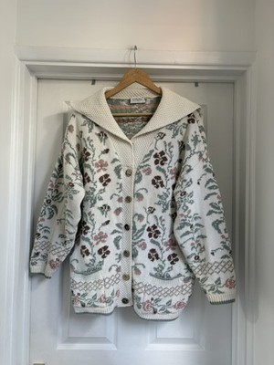 Vintage Clara Blumen Gobelin Strick Cardigan Gr. L 16-18 bestickt 80er Strick