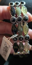 NEW 3 ROW GREENISH, BLACK  GREY COLOR RHINESTONE PRETTY DESIGN STRETCH BRACELET