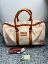 HTF Coca-Cola Rare Canvas Orange Cream Striped Zipper Leather Duffle Bag 18”