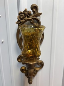 Vtg 1971 Gold Home Interiors Candle Holder Wall Sconce Ornate 4118 +Amber Globe