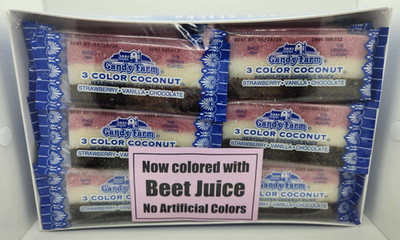 Candy Farm 24 Bars NEAPOLITAN COCONUT SLICES 3 Color Candy ''Bacon'' Strips Snack