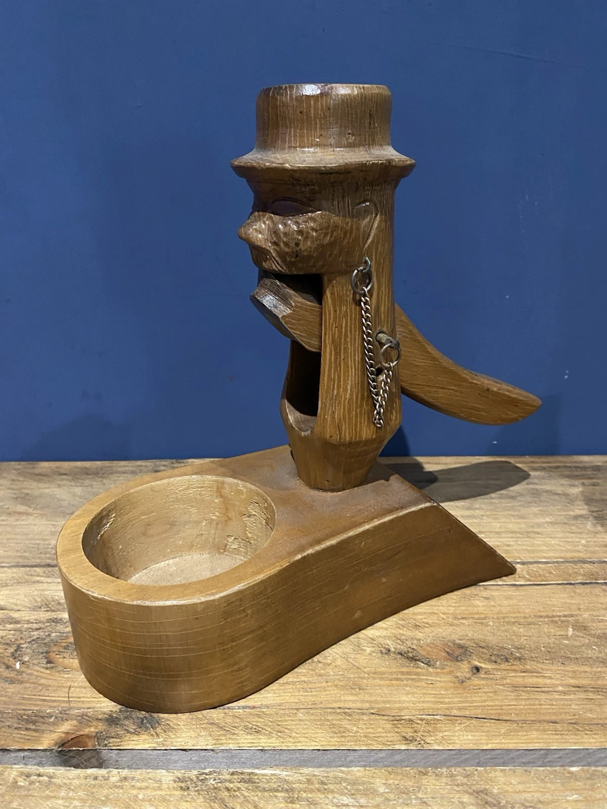 Large Vintage Wood Carved Nut Cracker , Man In Top Hat. With Shell Tray