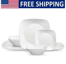 Classic Pure White Square 12-Piece Dinnerware Set Salad Plate Soup/Cereal Bowls