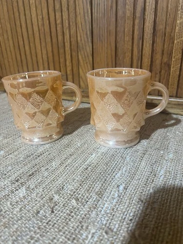 Vintage SET 2 ANCHOR HOCKING Glass FIRE KING Peach Luster KIMBERLY Diamond Mugs