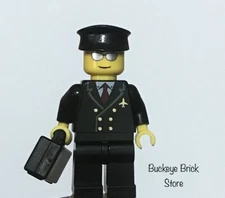LEGO Airline Pilot Red Tie 6 Buttons on Black Uniform Silver Glasses w Suit Case