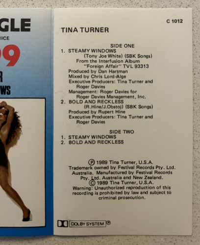 TINA TURNER Steamy Windows Cassingle C 1012 - Picture 9 of 16