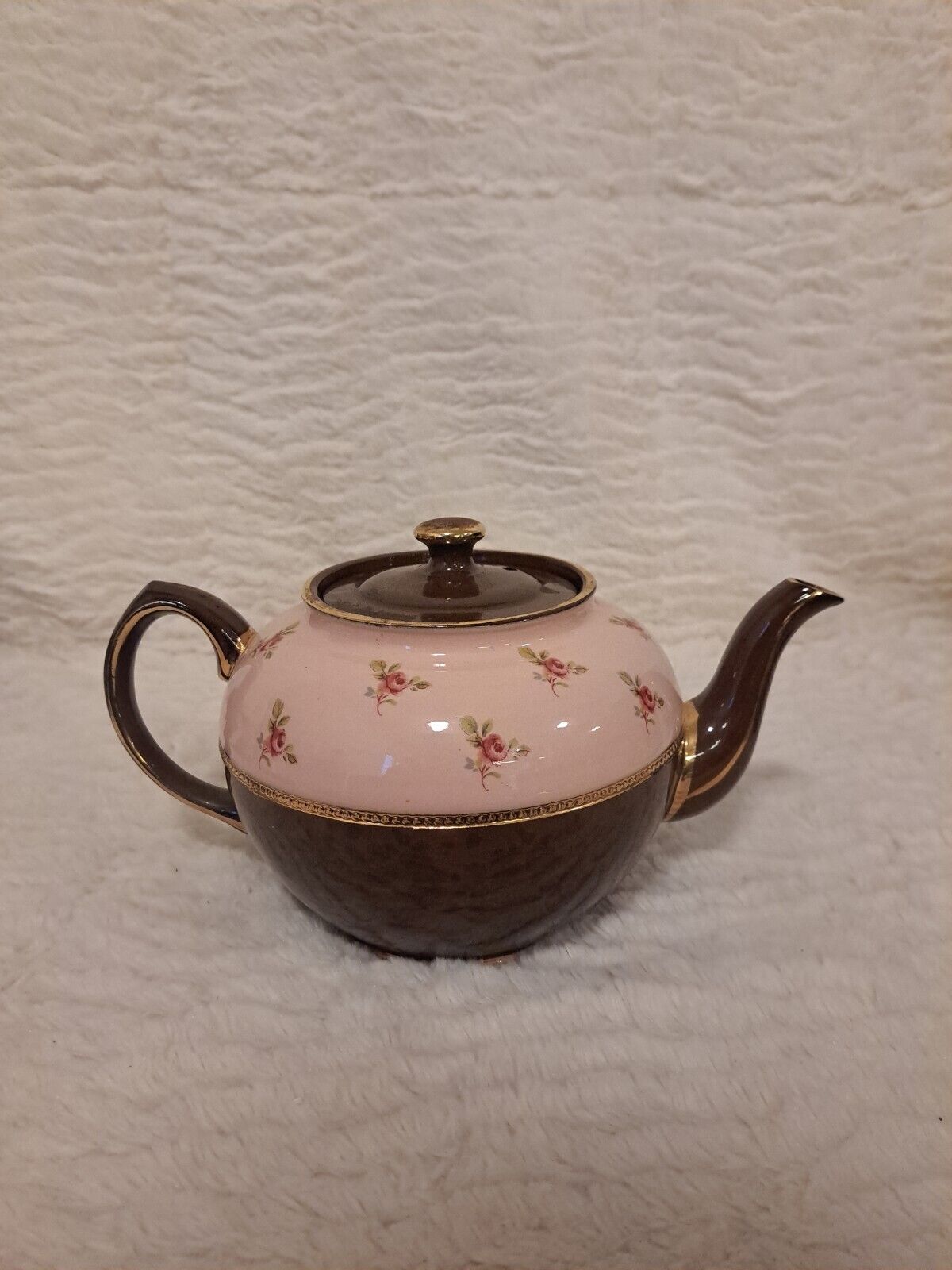 Vintage Sadler Teapot Roses Brown Betty Pink Band Gold Trim England Flowers Rose