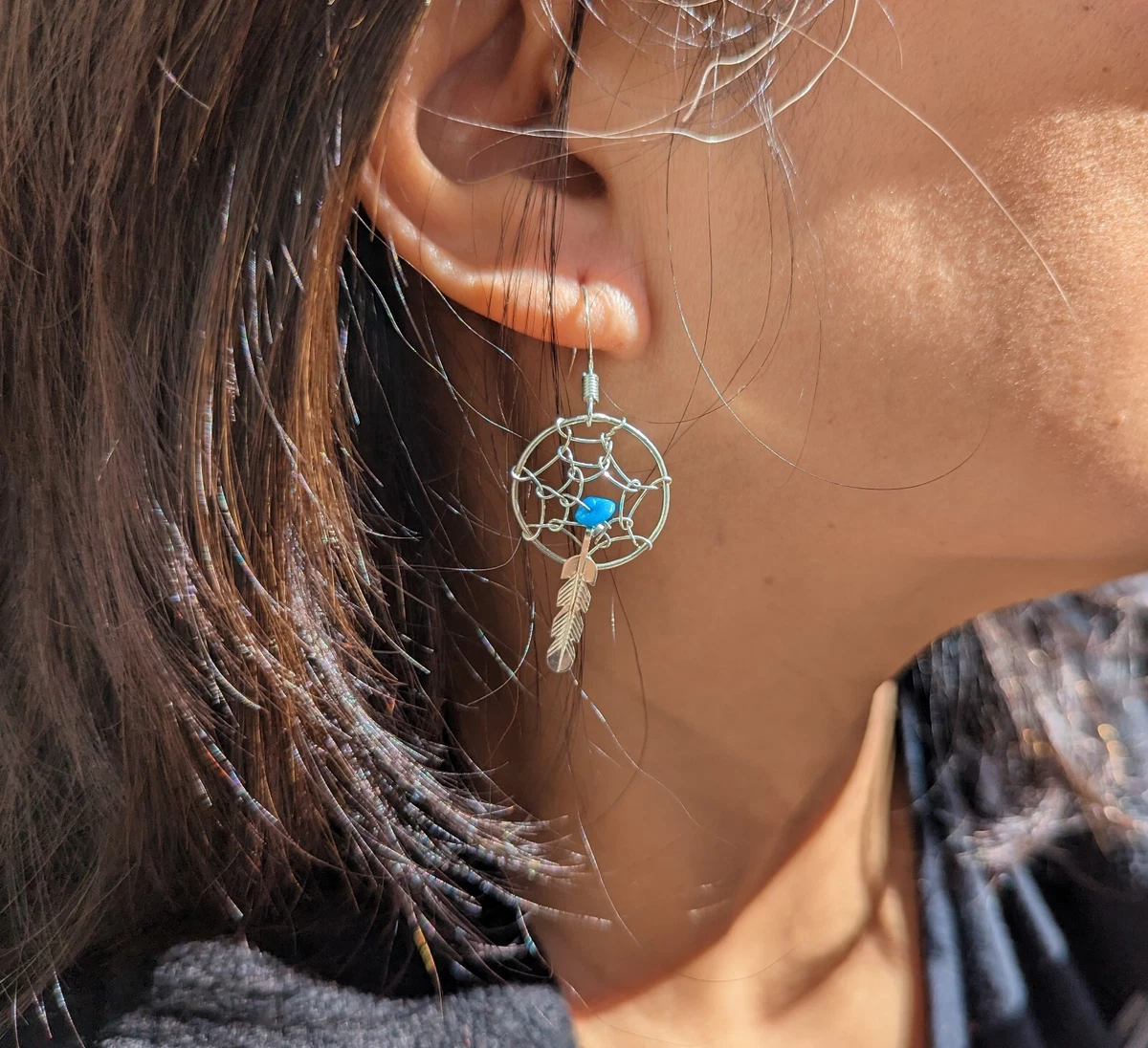 Navajo Jewelry Dreamcatcher Feather Dangle Earrings Turquoise