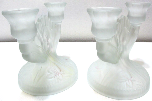 Vintage Jeannette Glass Candle Stick Holders PAIR Iris & Herringbone Frosted - Picture 2 of 7