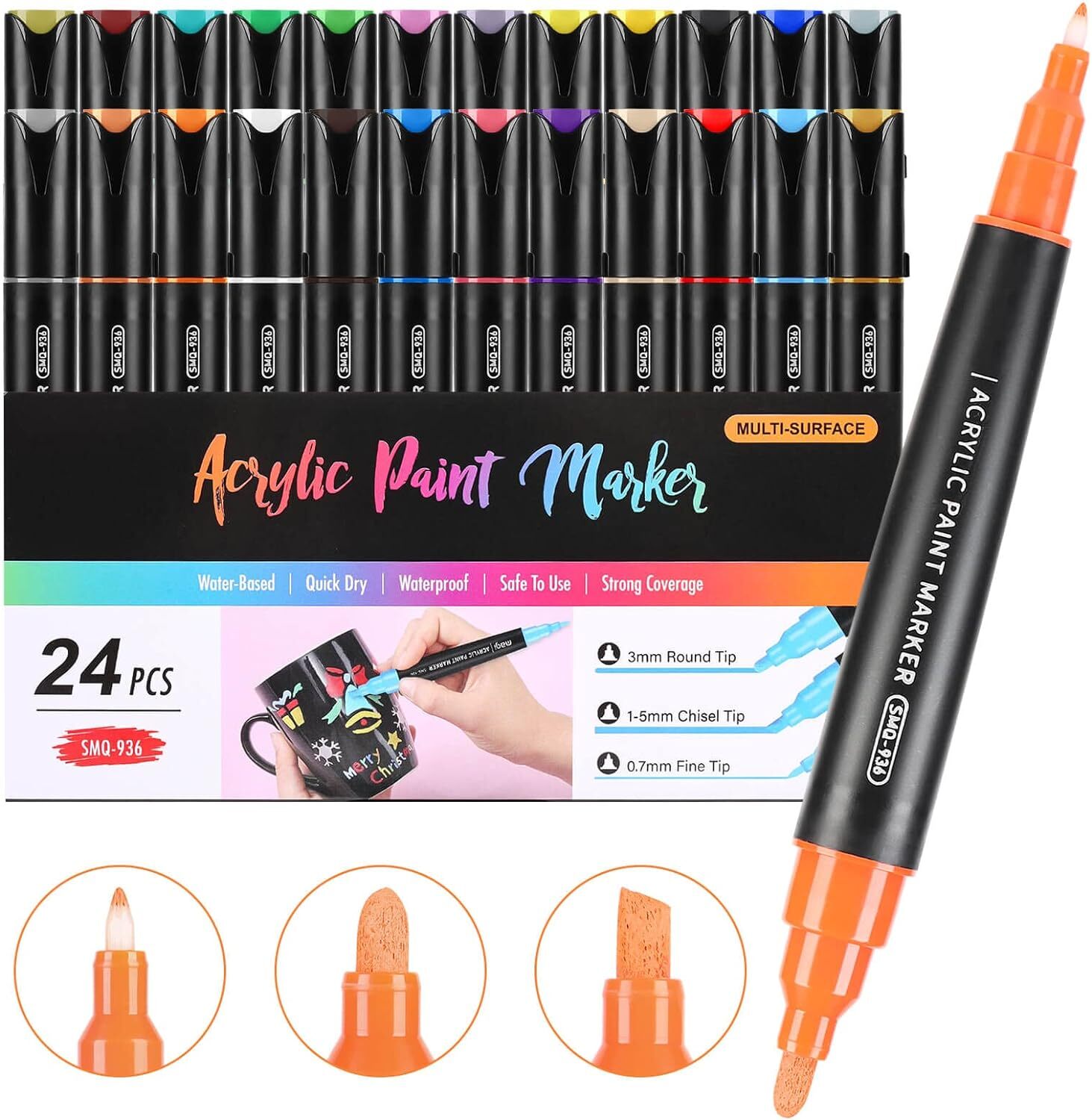 24-Color Acrylic Paint Markers with Fine Medium Chisel Tips