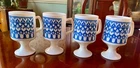 Vintage Coffee Cups Milk Glass Pedestal Mugs Blue Hearts Tulips 4